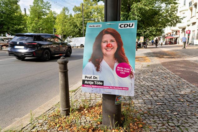 Berlin, August 7, 2026; CDU election poster featuring Professor Dr. Antje Tölle for the election to the 20th Berlin House of Representatives and the district councils on September 20, 2026