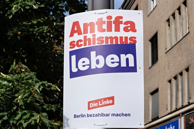 Berlin, August 7, 2026—Election poster for the party Die Linke’s Living Anti-Fascism campaign for the election to the 20th Berlin House of Representatives and the district councils on September 20, 2026