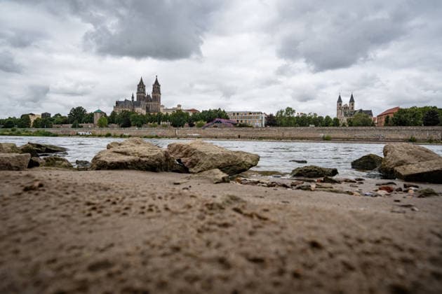 Significantly lower water level in the Elbe in August 2026, with Magdeburg Cathedral; low water level of the Elbe in Magdeburg in the summer of 2026, Magdeburg, Saxony-Anhalt, Germany, banks of the Elbe