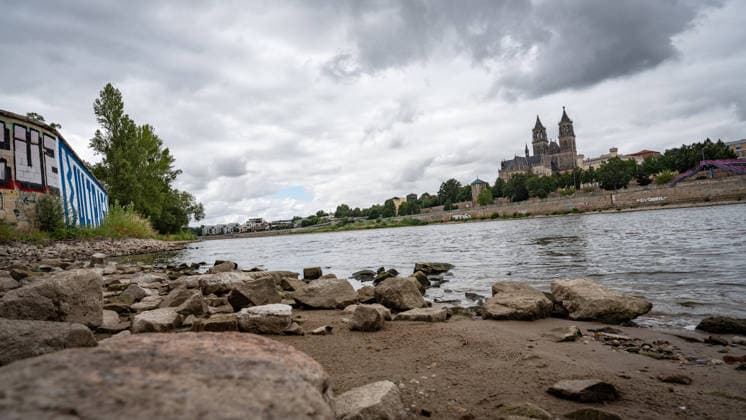 Significantly lower water level in the Elbe River in August 2026, with Magdeburg Cathedral in the background; low water level of the Elbe River in Magdeburg in the summer of 2026, Magdeburg, Saxony-Anhalt, Germany, banks of the Elbe River