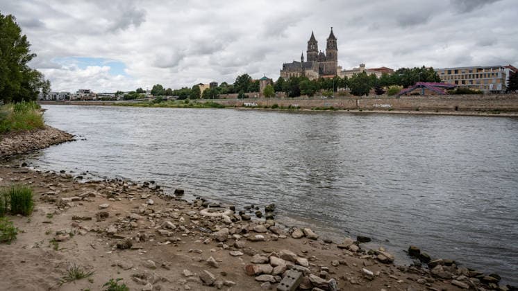 Significantly lower water level in the Elbe River in August 2026, with Magdeburg Cathedral in the background; low water level of the Elbe River in Magdeburg in the summer of 2026, Magdeburg, Saxony-Anhalt, Germany, banks of the Elbe River