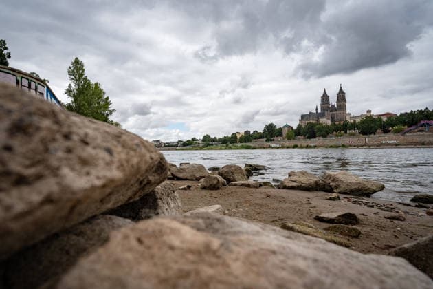 Significantly lower water level in the Elbe River in August 2026, with Magdeburg Cathedral in the background; low water level of the Elbe River in Magdeburg in the summer of 2026, Magdeburg, Saxony-Anhalt, Germany, banks of the Elbe River