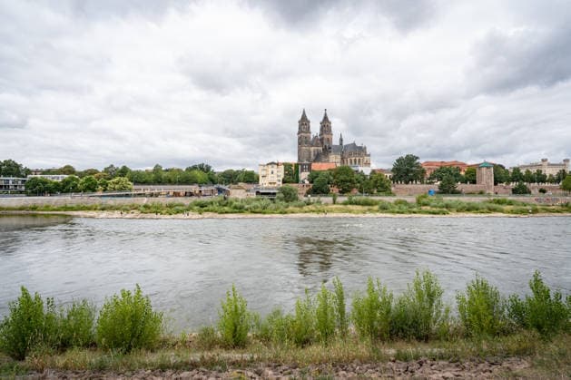 Significantly lower water level in the Elbe in August 2026, with Magdeburg Cathedral; low water level of the Elbe in Magdeburg in the summer of 2026, Magdeburg, Saxony-Anhalt, Germany, banks of the Elbe