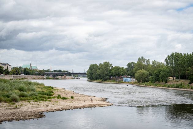 Significantly lower water level in the Elbe in August 2026; Low water levels on the Elbe in Magdeburg in the summer of 2026, Magdeburg, Saxony-Anhalt, Germany, on the banks of the Elbe
