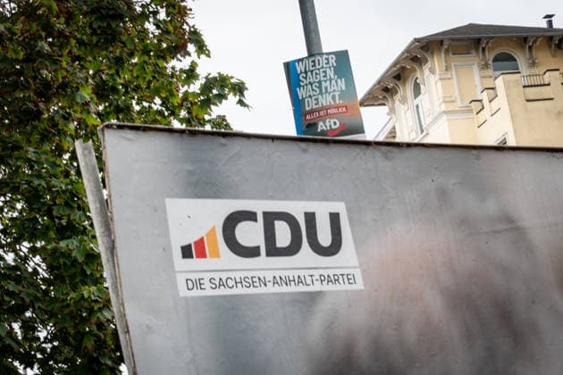 Two campaign posters from the CDU and the AfD: Campaign poster for the 2026 state election in Magdeburg, Saxony-Anhalt, Magdeburg, Saxony-Anhalt, Germany; Magdeburg city center