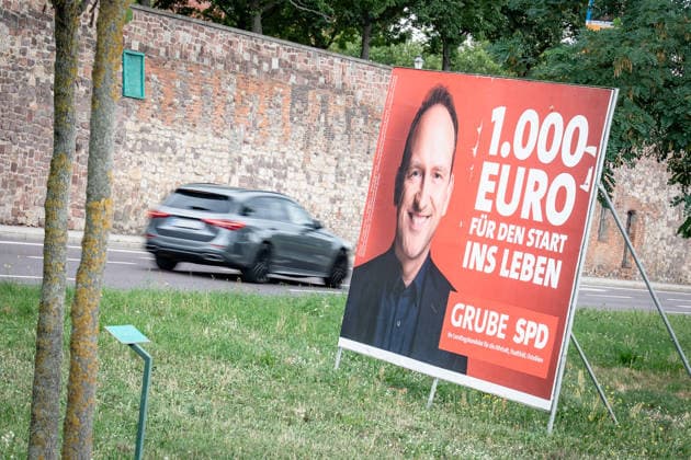 SPD campaign poster featuring candidate Falko Grube; campaign poster for the 2026 state election in Magdeburg, Saxony-Anhalt, Magdeburg, Saxony-Anhalt, Germany; Magdeburg city center
