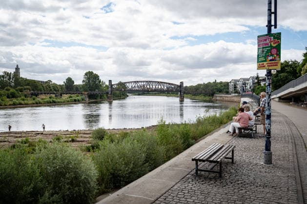 Significantly lower water level in the Elbe in August 2026 Low water levels on the Elbe in Magdeburg in the summer of 2026, Magdeburg, Saxony-Anhalt, Germany, banks of the Elbe