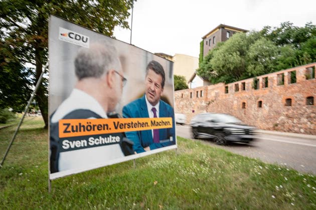 CDU campaign poster featuring Sven Schulze, the CDU s top candidate and incumbent Minister-President of the state of Saxony-Anhalt. Campaign poster for the 2026 state election in Magdeburg, Saxony-Anhalt, Magdeburg, Saxony-Anhalt, Germany; Magdeburg city center