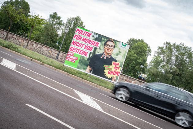 Election poster for BÜNDNIS90 The Greens featuring lead candidate Susan Sziborra Seidlitz. Poster for the 2026 state election in Magdeburg, Saxony-Anhalt, Magdeburg, Saxony-Anhalt, Germany. Downtown Magdeburg