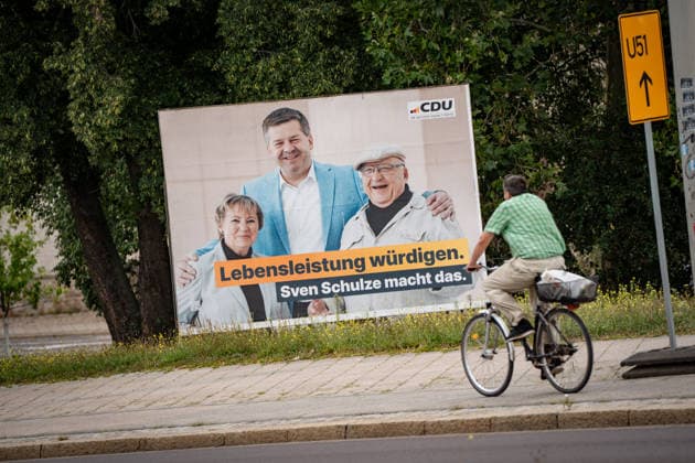 CDU campaign poster featuring Sven Schulze, the CDU s top candidate and incumbent Minister President of Saxony-Anhalt. Campaign poster for the 2026 state election in Magdeburg, Saxony-Anhalt, Magdeburg, Saxony-Anhalt, Germany; Magdeburg city center