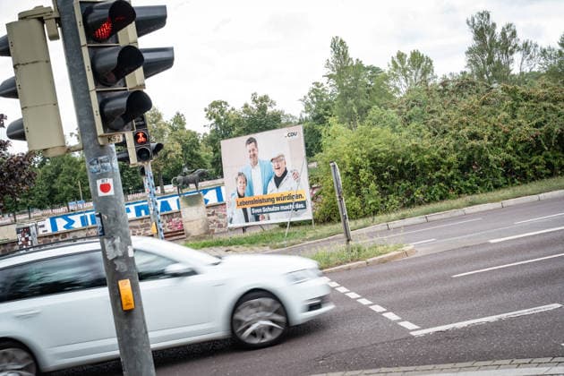 CDU campaign poster featuring Sven Schulze, the CDU s top candidate and incumbent Minister President of Saxony-Anhalt; campaign poster for the 2026 state election in Magdeburg, Saxony-Anhalt, Magdeburg, Saxony-Anhalt, Germany; Magdeburg city center