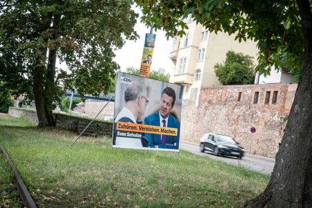 CDU campaign poster featuring Sven Schulze, the CDU s top candidate and incumbent Minister President of Saxony-Anhalt; campaign poster for the 2026 state election in Magdeburg, Saxony-Anhalt, Magdeburg, Saxony-Anhalt, Germany; Magdeburg city center