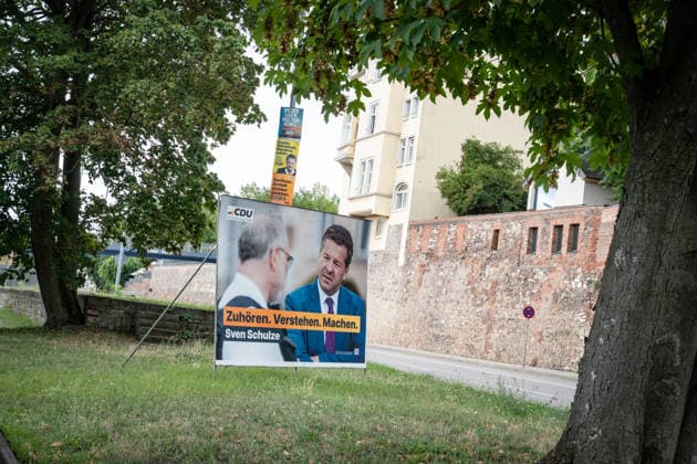 CDU campaign poster featuring Sven Schulze, the CDU s lead candidate and incumbent Minister President of Saxony-Anhalt. Campaign poster for the 2026 state election in Magdeburg, Saxony-Anhalt, Magdeburg, Saxony-Anhalt, Germany; Magdeburg city center