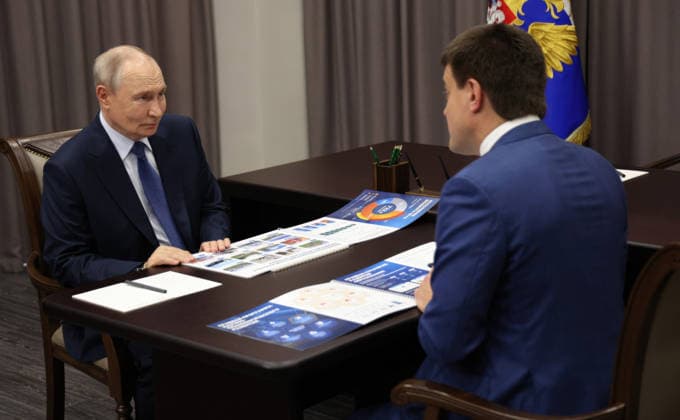 August 7, 2026, Krasnoyarsk, Krasnoyarsk Krai, Russia: Russian President Vladimir Putin, listens to Krasnoyarsk Territory Governor Mikhail Kotyukov, right, deliver his report during a working meeting, August 3, 2026 in Krasnoyarsk, Russia. Krasnoyarsk Russia - ZUMAp138 20260807_zaa_p138_012 Copyright: xVyacheslavxProkofiev RussianxGovx