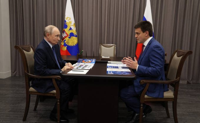 August 7, 2026, Krasnoyarsk, Krasnoyarsk Krai, Russia: Russian President Vladimir Putin, listens to Krasnoyarsk Territory Governor Mikhail Kotyukov, right, deliver his report during a working meeting, August 3, 2026 in Krasnoyarsk, Russia. Krasnoyarsk Russia - ZUMAp138 20260807_zaa_p138_013 Copyright: xVyacheslavxProkofiev RussianxGovx