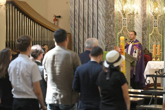 A priest conducts the farewell ceremony for Polish volunteer Marek Rusek-Wolski, who was killed near Kharkiv by a Russian drone attack, at the Cathedral of St Alexander in Kyiv, Ukraine, August 7, 2026. The tragedy occurred at the end of July (approximately 27 July) near Kharkiv, when the volunteer came under a targeted Russian drone strike while on a humanitarian mission. Marek Rusek-Wolski was an administrator of the Polish volunteer community Razem dla Ukrainy. Since early 2023, he had been regularly travelling to Ukraine. He used to organise fundraisers, purchase and deliver food, medicines, hygiene products and animal feed to the most dangerous front-line settlements in the Kharkiv region. (Photo by Yevhen Kotenko Ukrinform) Commemorat Copyright: xYevhenxKotenkox