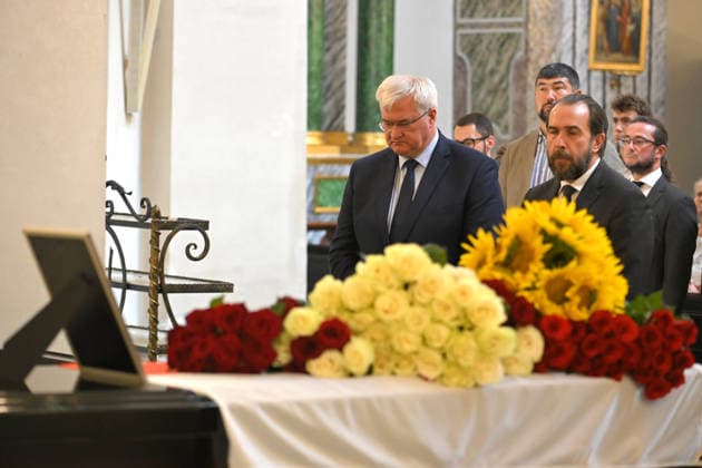Acting Minister of Foreign Affairs of Ukraine Andrii Sybiha (L) and Charge d affaires of the Republic of Poland in Ukraine Piotr Lukasiewicz attend the farewell ceremony for Polish volunteer Marek Rusek-Wolski, who was killed near Kharkiv by a Russian drone attack, at the Cathedral of St Alexander in Kyiv, Ukraine, August 7, 2026. The tragedy occurred at the end of July (approximately 27 July) near Kharkiv, when the volunteer came under a targeted Russian drone strike while on a humanitarian mission. Marek Rusek-Wolski was an administrator of the Polish volunteer community Razem dla Ukrainy. Since early 2023, he had been regularly travelling to Ukraine. He used to organise fundraisers, purchase and deliver food, medicines, hygiene products Copyright: xYevhenxKotenkox