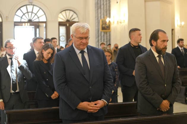 Acting Minister of Foreign Affairs of Ukraine Andrii Sybiha (L) and Charge d affaires of the Republic of Poland in Ukraine Piotr Lukasiewicz attend the farewell ceremony for Polish volunteer Marek Rusek-Wolski, who was killed near Kharkiv by a Russian drone attack, at the Cathedral of St Alexander in Kyiv, Ukraine, August 7, 2026. The tragedy occurred at the end of July (approximately 27 July) near Kharkiv, when the volunteer came under a targeted Russian drone strike while on a humanitarian mission. Marek Rusek-Wolski was an administrator of the Polish volunteer community Razem dla Ukrainy. Since early 2023, he had been regularly travelling to Ukraine. He used to organise fundraisers, purchase and deliver food, medicines, hygiene products Copyright: xYevhenxKotenkox