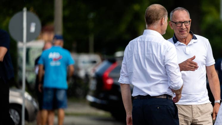 August 7, 2026, Germany, Saxony, Doberschau-Gaußig: AfD state parliament member Frank Peschel, pictured here on the left with Jörg Urban, chairman of the AfD in Saxony, has announced a protest rally organized at the Maxam plant. The plant was purchased by the defense contractor Czechoslovak Group (CSG). Peschel intends to demonstrate against the militarization of our country.
