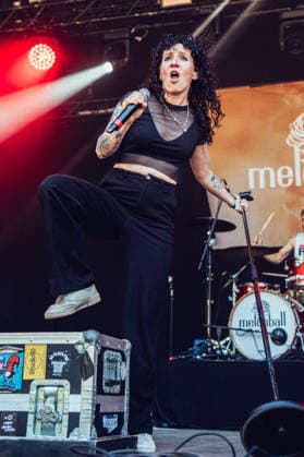 Singer Oli from the band Melonball performing live on August 7, 2026, on the Sounds For Nature Stage at the 30th Taubertal Festival in Rothenburg ob der Tauber. This year, the long-standing open-air festival is celebrating its 30th anniversary.