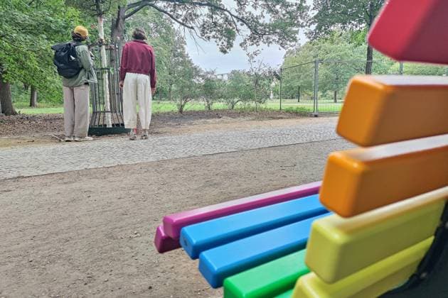 Berlin, Germany, August 7, 2026, Tiergarten: A rainbow-colored bench was set up at the crime scene, and a new tree was planted across the street. Copyright: xdtsxNachrichtenagenturx dts_129574