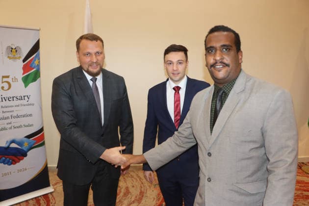 August 7, 2026, Juba, Ces Juba, South Sudan: From left , Mr. Anatolii Balesnyi from the Russian Embassy in Juba , Mr. Dmitrii Gusev, Third Secretary of the Russian Embassy in Juba , and Yahya Mohammed Osman Hashim, Cultural Attachee of the Sudanese Embassy in Juba, attend an event marking 15 years of diplomatic relations between Russia and South Sudan. The event was organized by the Russian Embassy in Juba in collaboration with the Institute for Diplomatic Studies of the Ministry of Foreign Affairs and International Cooperation of South Sudan Juba South Sudan - ZUMAb132 20260807_zip_b132_009 Copyright: xSamirxBolx