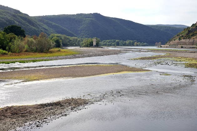 August 7, 2026, Bingen, Germany: Low water on the Rhine as seen from Bingen. In the center is the Maeuseturm on a small island, which is normally accessible only by boat. In the foreground is the confluence with the Nahe.