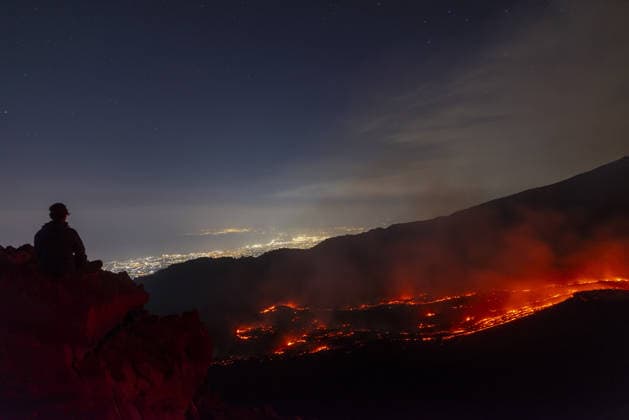 Volcanic activity intensifies at Mount Etna CATANIA, ITALY - AUGUST 8: Mount Etna enters a new paroxysmal phase characterized by intense activity at the Voragine summit crater in Catania, Sicily, Italy on August 8, 2026. The volcanic activity, which began to rapidly intensify during the evening of August 6, evolved into a powerful lava fountain overnight and into August 7. The eruption generated a significant ash cloud dispersing towards the southeast, with ashfall reported in the surrounding towns of Ragalna and Adrano. Additionally, a new lava flow was observed in the Valle del Leone from a new eruptive vent opened at an altitude of approximately 2750. The presence of volcanic ash and the elevation of the aviation alert to red severely im  Copyright: x2026xAnadoluxSalvatorexAllegrax