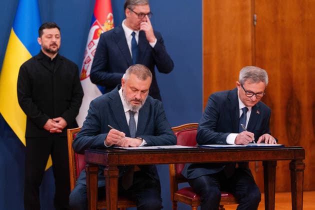 August 8, 2026, Belgrade, Central Serbia, Serbia: 202688, Belgrade, Serbia - Serbian President VUCIC ALEKSANDAR hosts Ukrainian President VOLODYMYR ZELENSKYY during his official visit to the Republic of Serbia at the Palace of Serbia. Ukrainian Ambassador to Serbia LITVINENKO OLEKSANDAR and Serbian Minister of Agriculture GLAMOCIC DRAGAN sign a Memorandum of Understanding. Belgrade Serbia  - ZUMAd223 20260808_zip_d223_026 Copyright: xMarkoxDimicx
