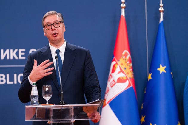 August 8, 2026, Belgrade, Central Serbia, Serbia: 202688, Belgrade, Serbia - Serbian President VUCIC ALEKSANDAR hosts Ukrainian President VOLODYMYR ZELENSKYY during his official visit to the Republic of Serbia at the Palace of Serbia. Serbian President VUCIC ALEKSANDAR addresses the media during a joint press conference. Belgrade Serbia  - ZUMAd223 20260808_zip_d223_029 Copyright: xMarkoxDimicx
