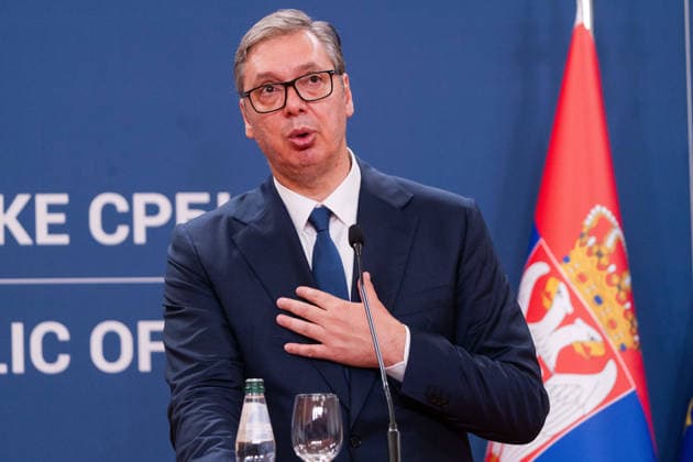 August 8, 2026, Belgrade, Central Serbia, Serbia: 202688, Belgrade, Serbia - Serbian President VUCIC ALEKSANDAR hosts Ukrainian President VOLODYMYR ZELENSKYY during his official visit to the Republic of Serbia at the Palace of Serbia. Serbian President VUCIC ALEKSANDAR addresses the media during a joint press conference. Belgrade Serbia  - ZUMAd223 20260808_zip_d223_036 Copyright: xMarkoxDimicx