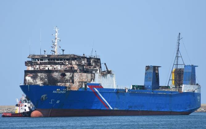 Ro-Ro vessel NADEZHDA attacked in Black Sea brought to Samsun SAMSUN, TURKIYE - AUGUST 08: The Ro-Ro vessel NADEZHDA, which was attacked by a drone in the Black Sea, is brought to Samsun, Turkiye on August 08, 2026. The vessel was seen moored at the port with extensive damage to its deck. Recep Bilek Anadolu Samsun Turkey. Editorial use only. Please get in touch for any other usage.  Copyright: x2026xAnadoluxRecepxBilekx