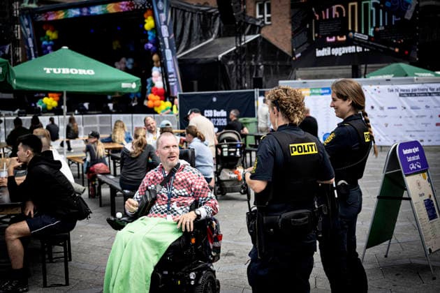 Copenhagen Pride 2026: Police at the opening of Pride Square during Copenhagen Pride 2026 at City Hall Square in Copenhagen on Saturday, August 8, 2026. Police say they will maintain a visible presence during Pride Week following the attack in Berlin. Photo by Nils Meilvang, Scanpix, 2026, Copenhagen, Denmark  Copyright: NILSxMEILVANG NilsxMeilvangx spdk20260808-163140-L