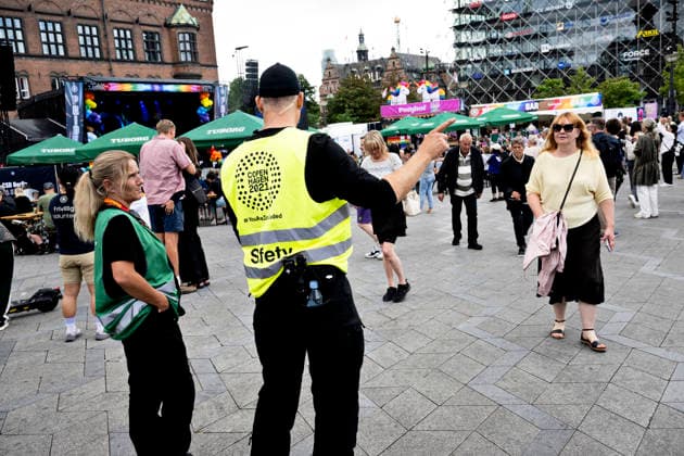 Copenhagen Pride 2026 Security personnel at the opening of Pride Square during Copenhagen Pride Week 2026 at City Hall Square in Copenhagen on Saturday, August 8, 2026. Police say they will maintain a visible presence during Pride Week following the attack in Berlin. Photo: Nils Meilvang, Scanpix 2026, Copenhagen, Denmark  Copyright: NILSxMEILVANG NilsxMeilvangx spdk20260808-163218-L