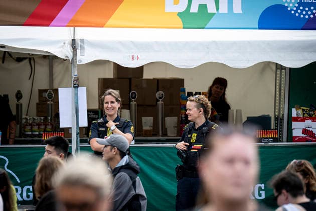 Copenhagen Pride 2026: Police at the opening of Pride Square during Copenhagen Pride 2026 at City Hall Square in Copenhagen on Saturday, August 8, 2026. Police say they will maintain a visible presence during Pride Week following the attack in Berlin. Photo by Nils Meilvang, Scanpix, 2026, Copenhagen, Denmark  Copyright: NILSxMEILVANG NilsxMeilvangx spdk20260808-163120-L