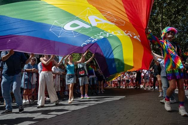 A rainbow flag is seen during the 2026 edition of the Antwerp Pride Parade, part of the Antwerp Pride 2022 festivities that celebrate and support the lesbian, gay, bisexual and transgender oriented people and their allies, Friday 07 August 2026 in Antwerpen.  JONASxROOSENS 182956093