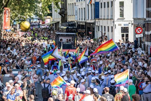 An overview image shows the crowd during the 2026 edition of the Antwerp Pride Parade, part of the Antwerp Pride 2022 festivities that celebrate and support the lesbian, gay, bisexual and transgender oriented people and their allies, Friday 07 August 2026 in Antwerpen.  JONASxROOSENS 182956246