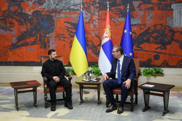 Zelensky meets Serbian president during first official visit to Belgrade Ukrainian President Volodymyr Zelensky meets Serbian President Aleksandar Vucic and other officials during an official visit to Belgrade, Serbia, on August 8, 2026. The visit, Zelensky s first to Serbia, comes as the two countries seek to strengthen bilateral relations and discuss security, economic cooperation, and relations with the European Union. Photo by PRESIDENT OF UKRAINE apaimages Ukraine Ukraine Ukraine 080826_Serbia_UPO_00(11).jpeg Copyright: xapaimagesxPRESIDENTxOFxUKRAINEx xapaimagesx