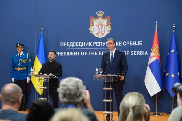 Zelensky meets Serbian president during first official visit to Belgrade Ukrainian President Volodymyr Zelensky meets Serbian President Aleksandar Vucic and other officials during an official visit to Belgrade, Serbia, on August 8, 2026. The visit, Zelensky s first to Serbia, comes as the two countries seek to strengthen bilateral relations and discuss security, economic cooperation, and relations with the European Union. Photo by PRESIDENT OF UKRAINE apaimages Ukraine Ukraine Ukraine 080826_Serbia_UPO_00(27).jpeg Copyright: xapaimagesxPRESIDENTxOFxUKRAINEx xapaimagesx