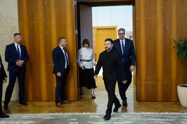 Zelensky meets Serbian president during first official visit to Belgrade Ukrainian President Volodymyr Zelensky meets Serbian President Aleksandar Vucic and other officials during an official visit to Belgrade, Serbia, on August 8, 2026. The visit, Zelensky s first to Serbia, comes as the two countries seek to strengthen bilateral relations and discuss security, economic cooperation, and relations with the European Union. Photo by PRESIDENT OF UKRAINE apaimages Ukraine Ukraine Ukraine 080826_Serbia_UPO_00(29).jpeg Copyright: xapaimagesxPRESIDENTxOFxUKRAINEx xapaimagesx