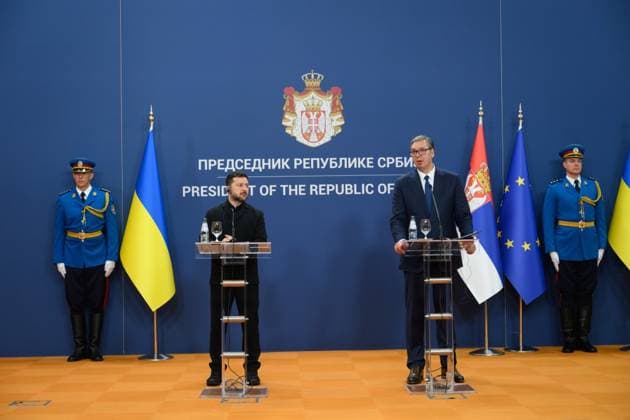 Zelensky meets Serbian president during first official visit to Belgrade Ukrainian President Volodymyr Zelensky meets Serbian President Aleksandar Vucic and other officials during an official visit to Belgrade, Serbia, on August 8, 2026. The visit, Zelensky s first to Serbia, comes as the two countries seek to strengthen bilateral relations and discuss security, economic cooperation, and relations with the European Union. Photo by PRESIDENT OF UKRAINE apaimages Ukraine Ukraine Ukraine 080826_Serbia_UPO_00(3).jpeg Copyright: xapaimagesxPRESIDENTxOFxUKRAINEx xapaimagesx