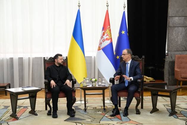 Zelensky meets Serbian president during first official visit to Belgrade Ukrainian President Volodymyr Zelensky meets Serbian President Aleksandar Vucic and other officials during an official visit to Belgrade, Serbia, on August 8, 2026. The visit, Zelensky s first to Serbia, comes as the two countries seek to strengthen bilateral relations and discuss security, economic cooperation, and relations with the European Union. Photo by PRESIDENT OF UKRAINE apaimages Ukraine Ukraine Ukraine 080826_Serbia_UPO_00(30).jpeg Copyright: xapaimagesxPRESIDENTxOFxUKRAINEx xapaimagesx