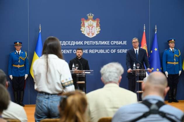 Zelensky meets Serbian president during first official visit to Belgrade Ukrainian President Volodymyr Zelensky meets Serbian President Aleksandar Vucic and other officials during an official visit to Belgrade, Serbia, on August 8, 2026. The visit, Zelensky s first to Serbia, comes as the two countries seek to strengthen bilateral relations and discuss security, economic cooperation, and relations with the European Union. Photo by PRESIDENT OF UKRAINE apaimages Ukraine Ukraine Ukraine 080826_Serbia_UPO_00(31).jpeg Copyright: xapaimagesxPRESIDENTxOFxUKRAINEx xapaimagesx