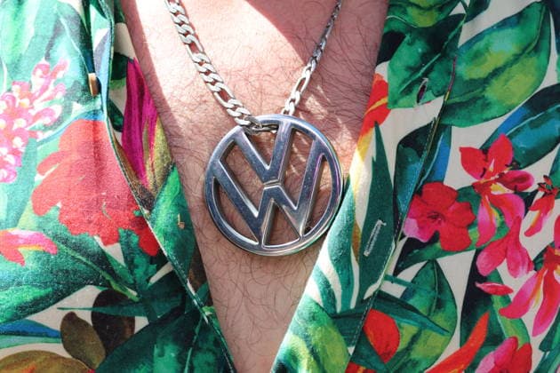 August 8, 2026, Zurich, Switzerland, 33rd Street Parade: Photo of a raver wearing a VW emblem and a Volkswagen necklace