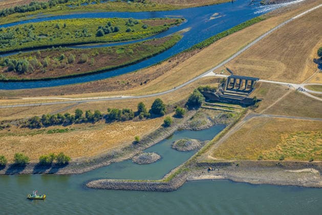 Aerial view, recent photo of the Ems estuary at low water, Dinslaken and Voerde, historical low water levels on the Rhine, Orsoy, Rheinberg, Ruhr region, North Rhine-Westphalia, Germany ATTENTION: MINIMUM FEE: 60 EUR