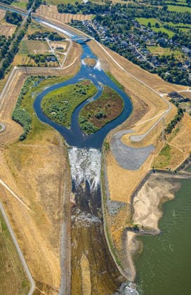 Aerial view, recent photo of the Ems estuary at low water, Dinslaken and Voerde; historical low water levels on the Rhine, Orsoy, Rheinberg, the Ruhr region, North Rhine-Westphalia, Germany. ATTENTION: MINIMUM FEE: 60 EUR