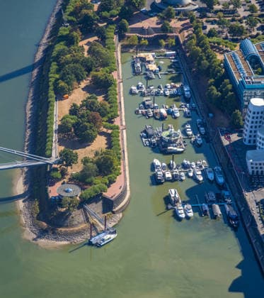 Aerial view, low water levels in Düsseldorf s Medienhafen, historic low water levels on the Rhine, Unterbilk, Düsseldorf, Ruhr region, North Rhine-Westphalia, Germany ATTENTION: MINIMUM FEE: 60 EUR