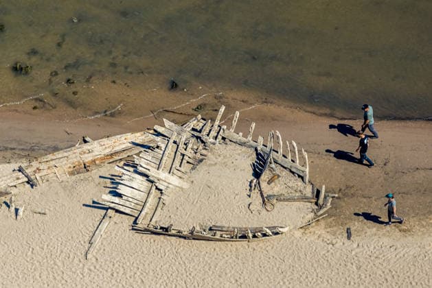 Aerial view; at low water, you can see the historic shipwreck De Hoop; historic low water on the Rhine; Salmorth, Kleve, Ruhr region, North Rhine-Westphalia, Germany ATTENTION: MINIMUM FEE: 60 EUR