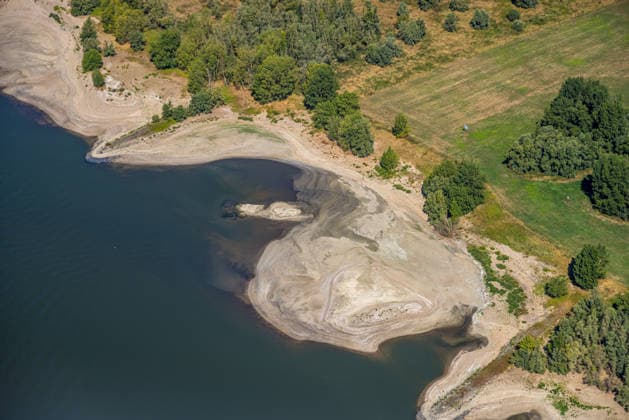 Aerial view, historic low water level on the Rhine, Perrich, Wesel, Ruhr region, North Rhine-Westphalia, Germany ATTENTION: MINIMUM FEE: 60 EUR