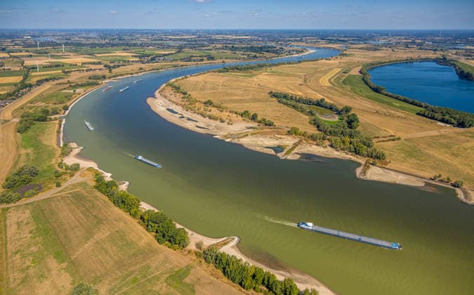 Aerial view, historic low water level on the Rhine, Vynen, Xanten, Ruhr region, North Rhine-Westphalia, Germany ATTENTION: MINIMUM FEE: 60 EUR